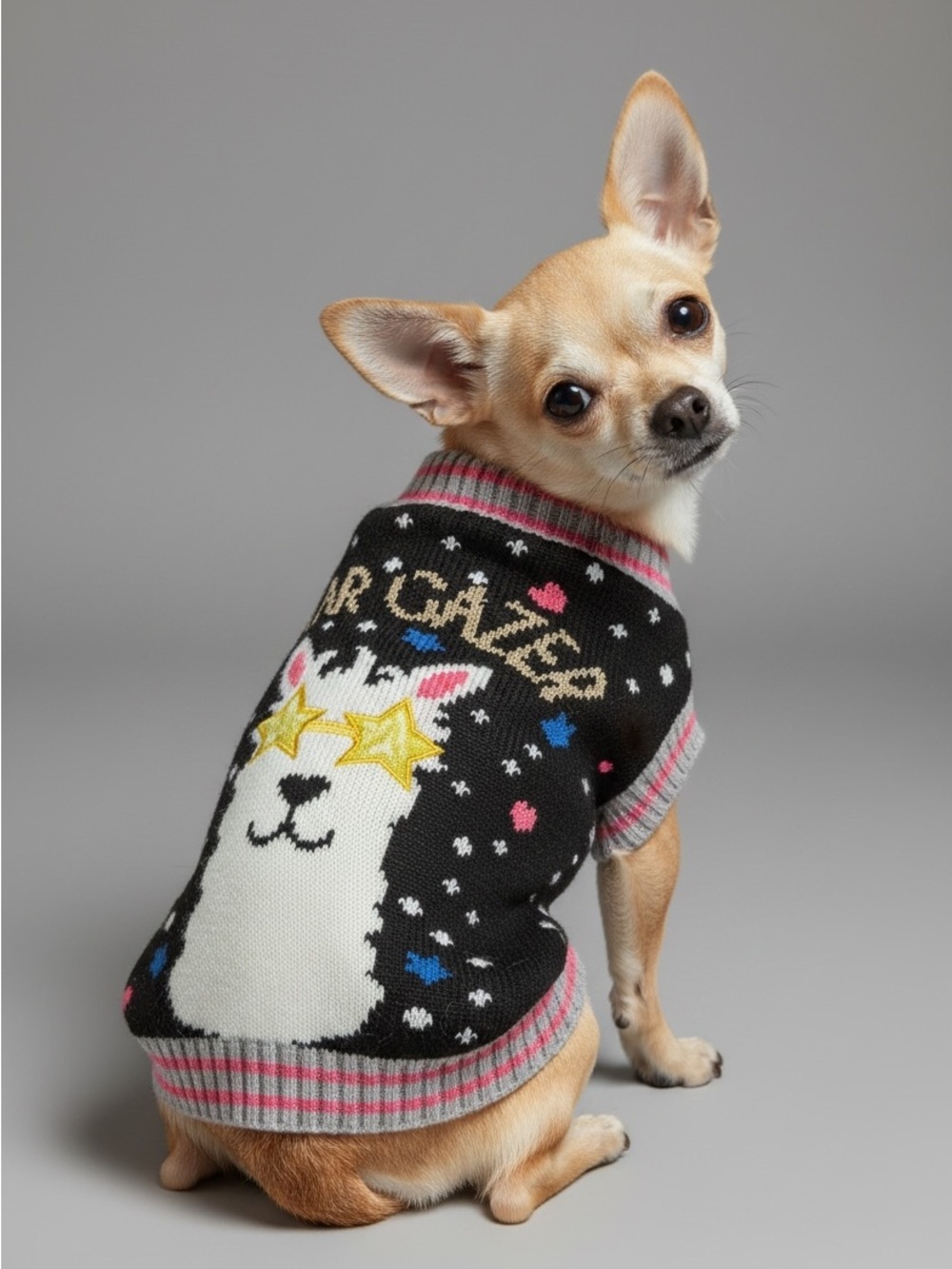 Star Gazer Llama Dog Sweater with Yellow Star Glasses